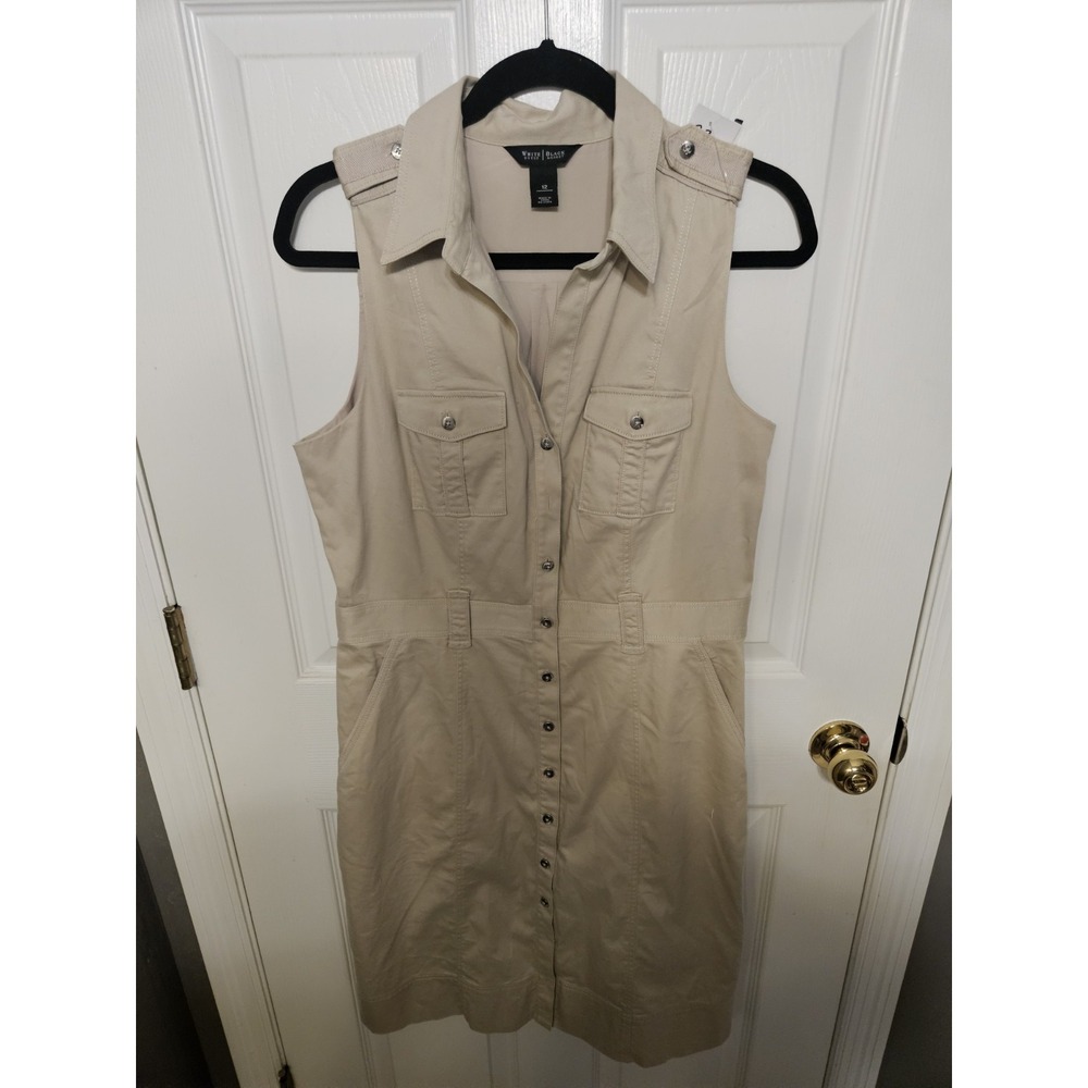 White House Black Market Khaki Sheath Dress Sz 12 Safari Style